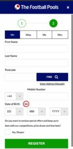 The Football Pools registration screenshot