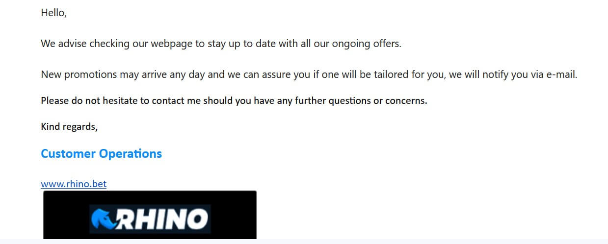 Rhino.bet Customer Service Email Screeenshot