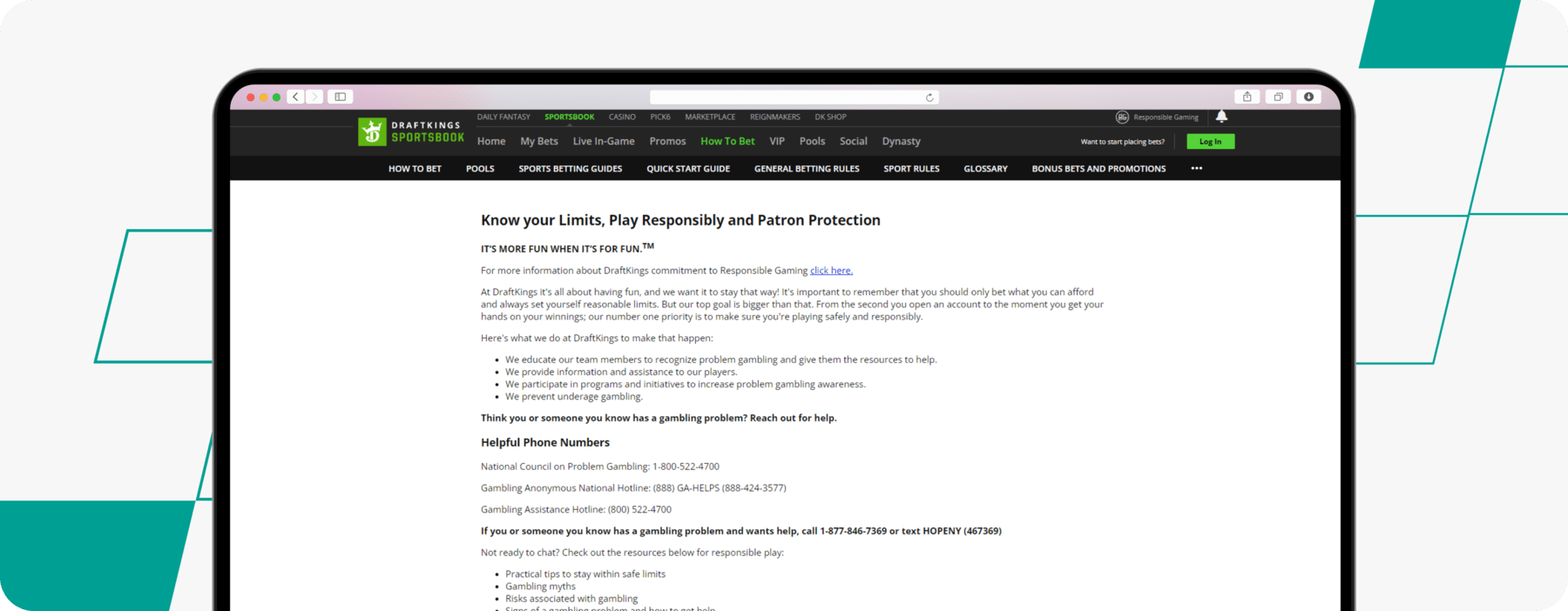 draftkings responsible gaming page screenshot
